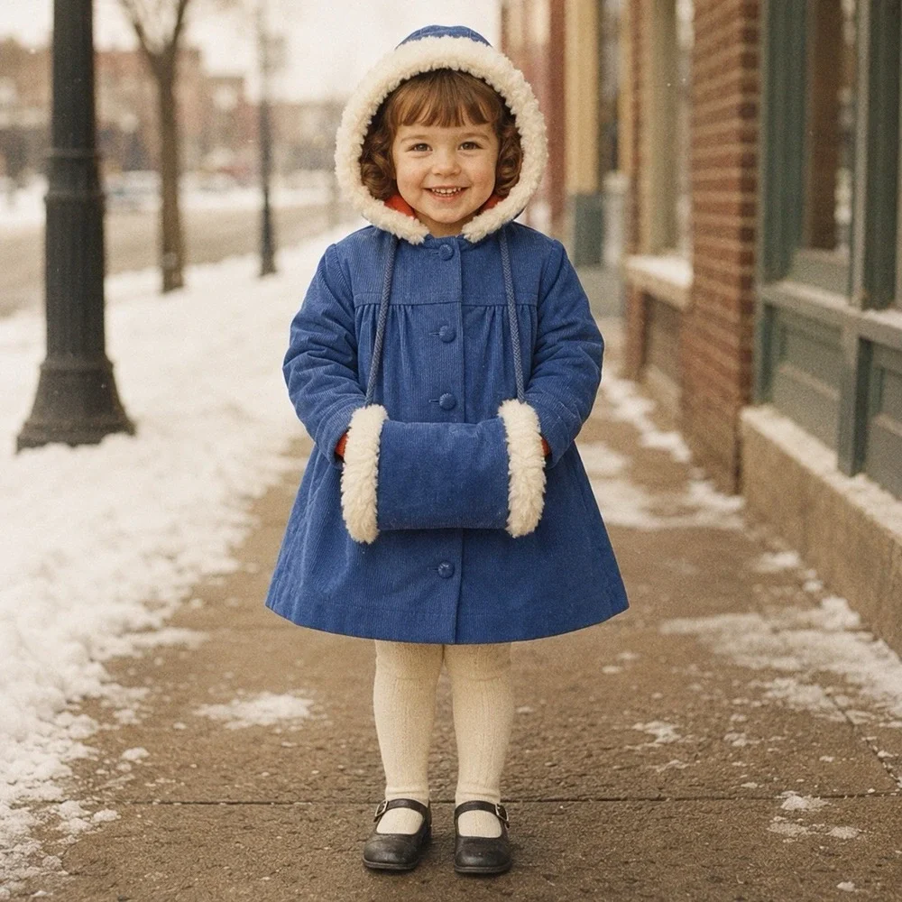 Vintage Fischel by Johnston Girls 3T Blue Corduroy Hooded Coat Muff Faux Fur